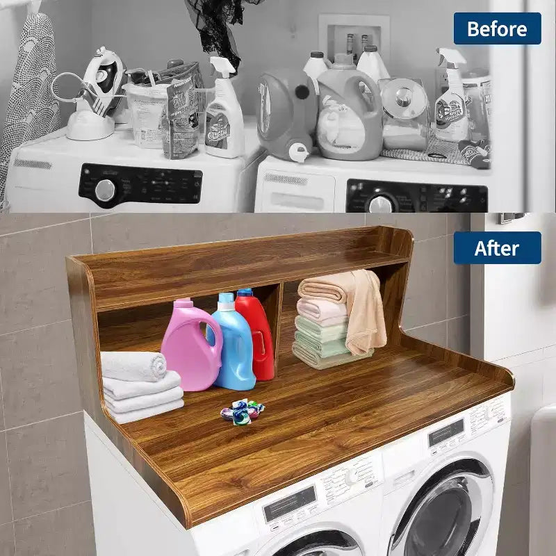 2-Tier Washer Dryer Countertop, 54 x 27.55 Wooden Washer Dryer Topper with Edge for Laundry Room Organization and Storage