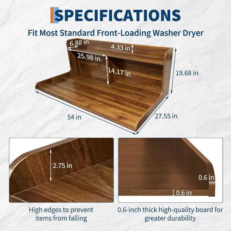2-Tier Washer Dryer Countertop, 54 x 27.55 Wooden Washer Dryer Topper with Edge for Laundry Room Organization and Storage
