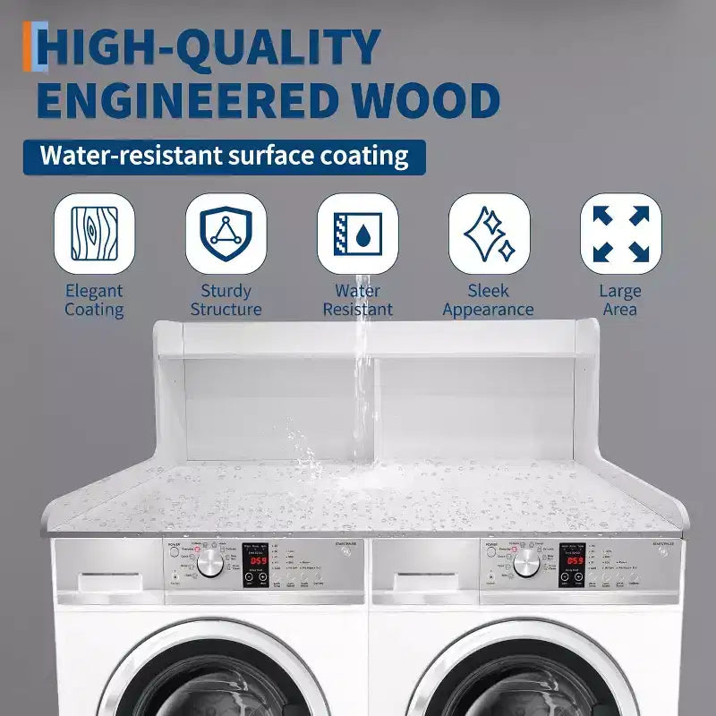 2-Tier Washer Dryer Countertop, 54 x 27.55 Wooden Washer Dryer Topper with Edge for Laundry Room Organization and Storage