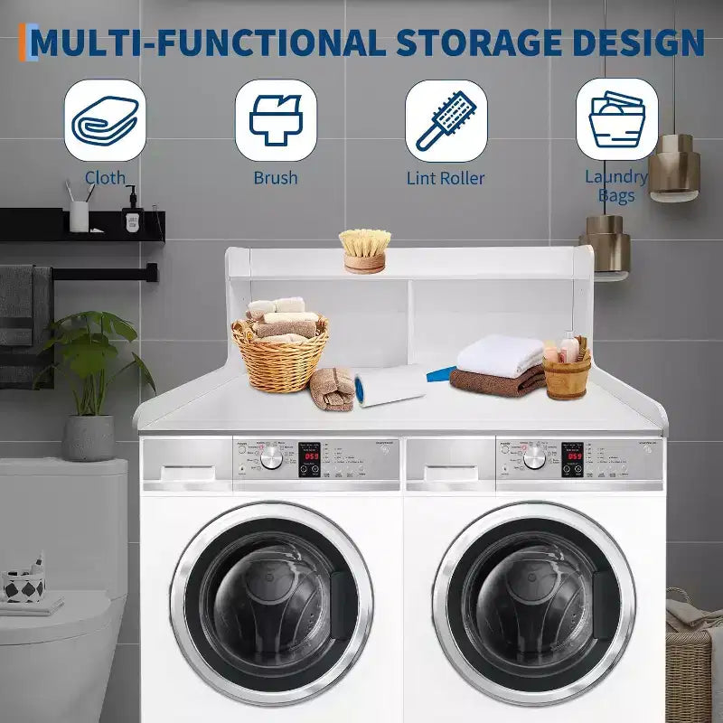 2-Tier Washer Dryer Countertop, 54 x 27.55 Wooden Washer Dryer Topper with Edge for Laundry Room Organization and Storage