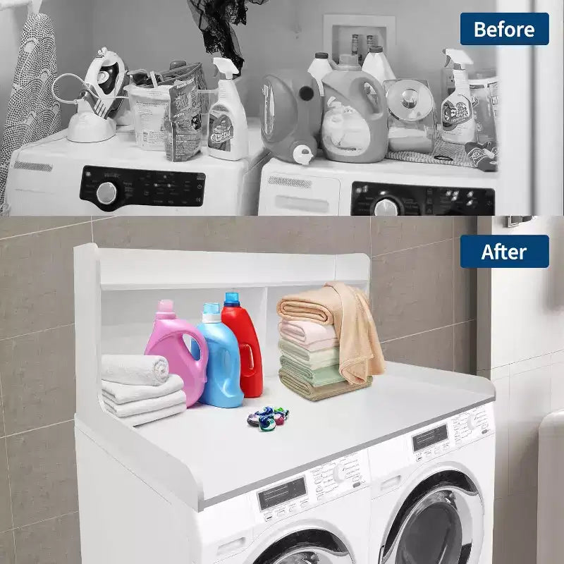 2-Tier Washer Dryer Countertop, 54 x 27.55 Wooden Washer Dryer Topper with Edge for Laundry Room Organization and Storage