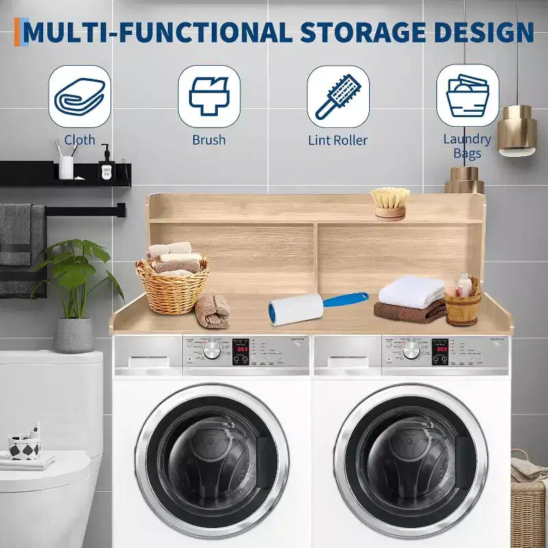 2-Tier Washer Dryer Countertop, 54 x 27.55 Wooden Washer Dryer Topper with Edge for Laundry Room Organization and Storage