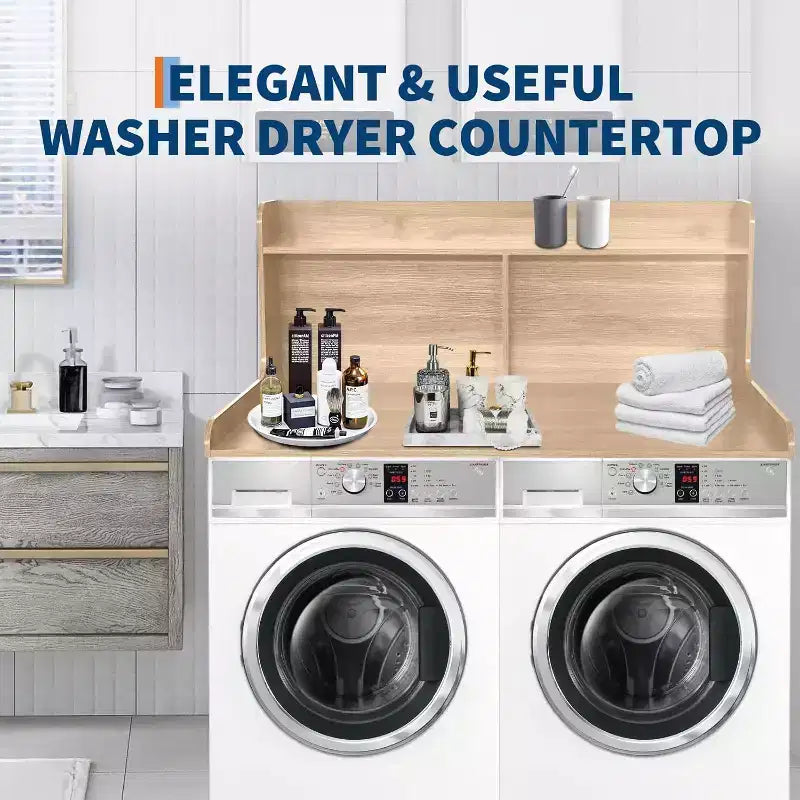 2-Tier Washer Dryer Countertop, 54 x 27.55 Wooden Washer Dryer Topper with Edge for Laundry Room Organization and Storage