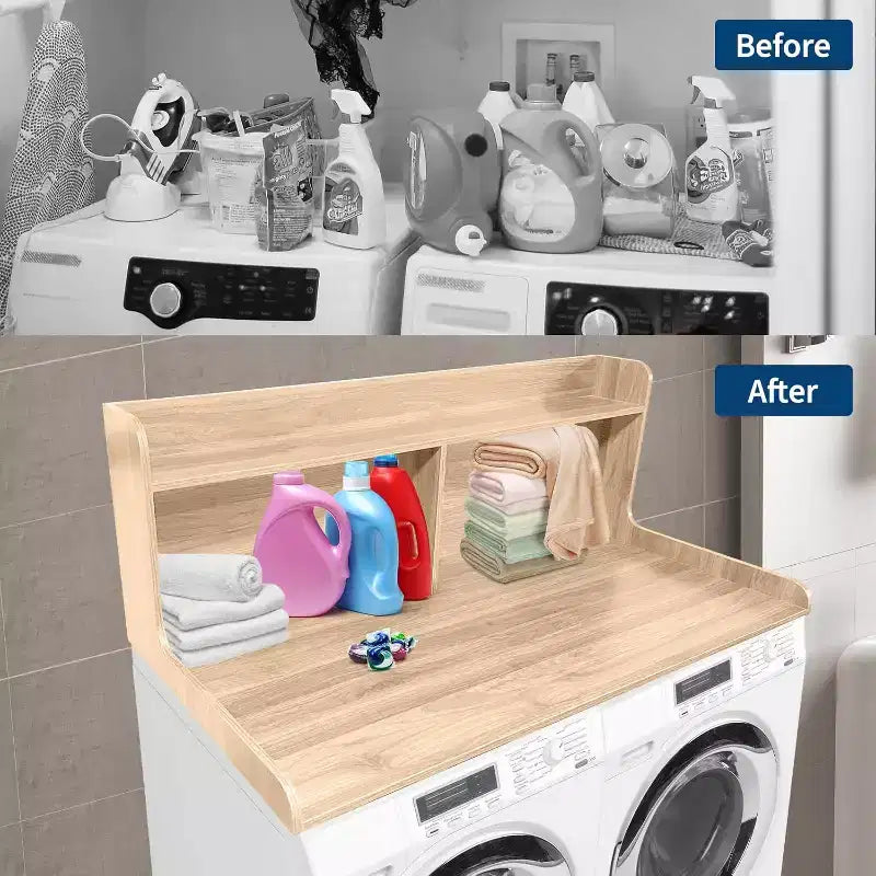 2-Tier Washer Dryer Countertop, 54 x 27.55 Wooden Washer Dryer Topper with Edge for Laundry Room Organization and Storage