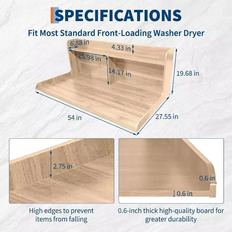 2-Tier Washer Dryer Countertop, 54 x 27.55 Wooden Washer Dryer Topper with Edge for Laundry Room Organization and Storage