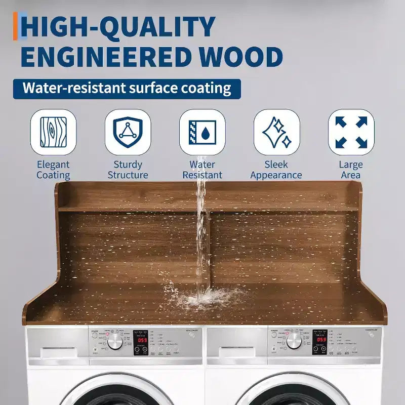 2-Tier Washer Dryer Countertop, 54 x 27.55 Wooden Washer Dryer Topper with Edge for Laundry Room Organization and Storage