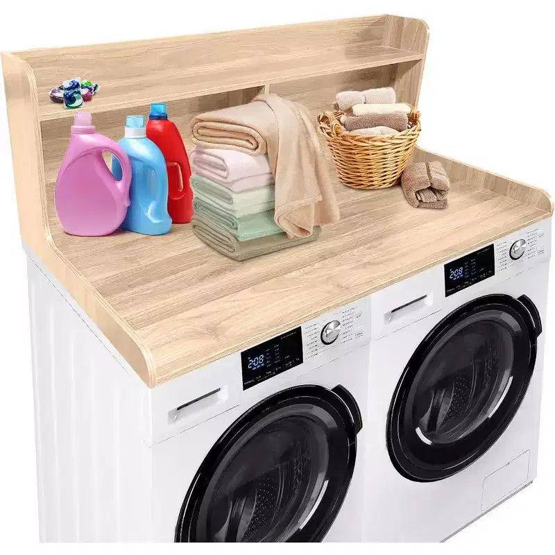 2-Tier Washer Dryer Countertop, 54 x 27.55 Wooden Washer Dryer Topper with Edge for Laundry Room Organization and Storage