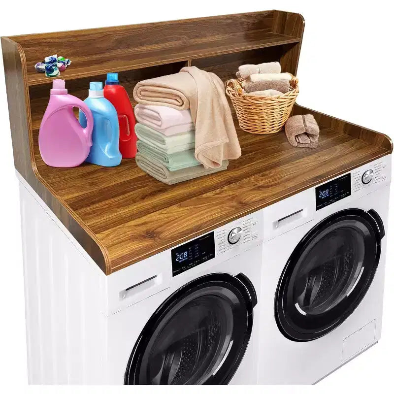 2-Tier Washer Dryer Countertop, 54 x 27.55 Wooden Washer Dryer Topper with Edge for Laundry Room Organization and Storage