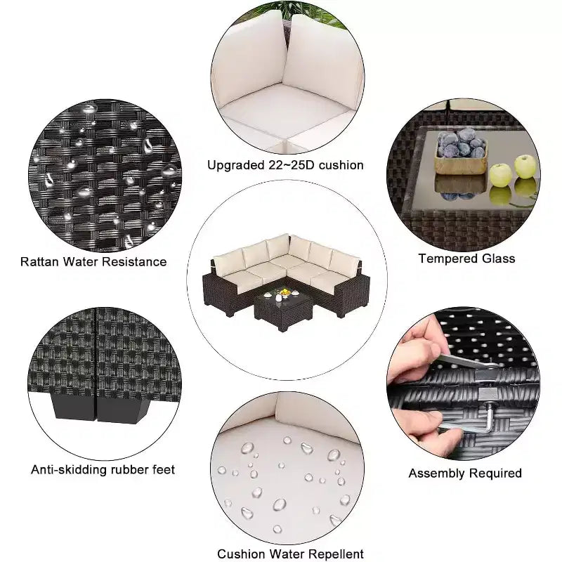 COZONY 6 Piece Outdoor Patio Set, All Weather Rattan Sectional Sofa Glass Table Cushions for Backyard Lawn