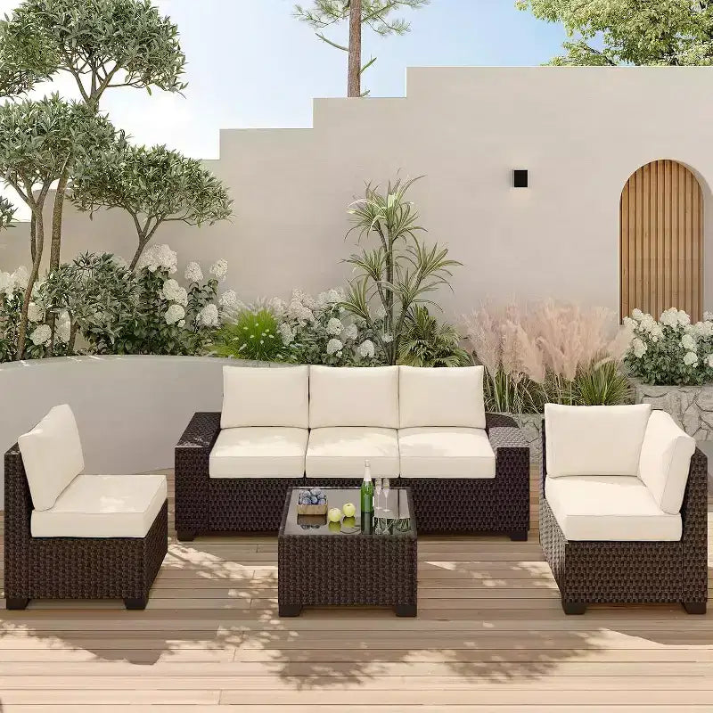 COZONY 6 Piece Outdoor Patio Set, All Weather Rattan Sectional Sofa Glass Table Cushions for Backyard Lawn