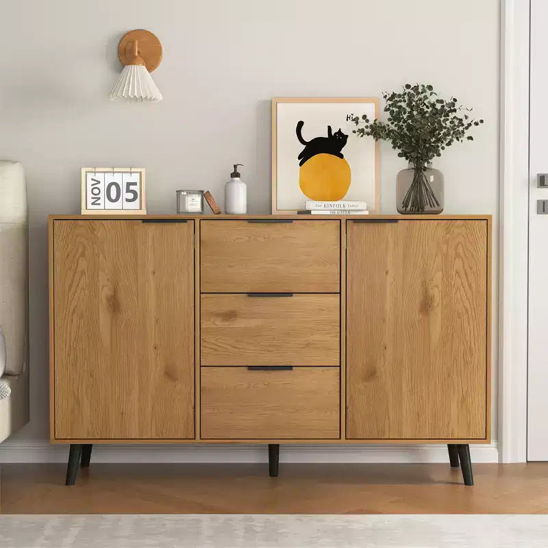 Sideboard Buffet Cabinet With Storage, Wood Coffee Bar Cabinet, Console Cabinet With 3 Drawers & 1 Door, Kitchen Buffet Cabinet Cupboard Natural