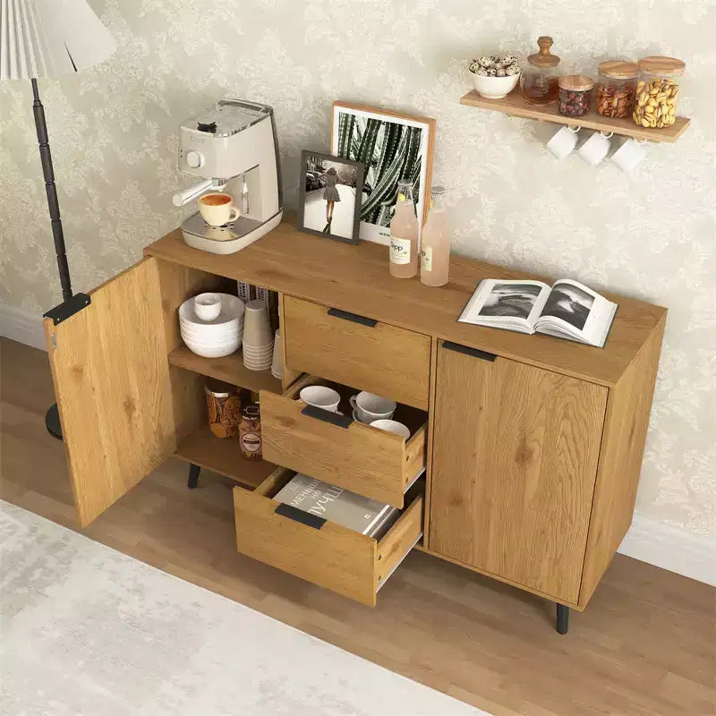 Sideboard Buffet Cabinet With Storage, Wood Coffee Bar Cabinet, Console Cabinet With 3 Drawers & 1 Door, Kitchen Buffet Cabinet Cupboard Natural