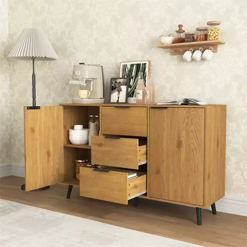 Sideboard Buffet Cabinet With Storage, Wood Coffee Bar Cabinet, Console Cabinet With 3 Drawers & 1 Door, Kitchen Buffet Cabinet Cupboard Natural