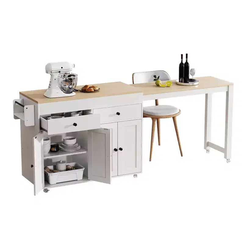 JVNOXK 74 inch Mobile Kitchen Island with Wheels and Extendable Dining Table, Includes Spice Rack and 2 Drawers, Suitable for Kitchen, White