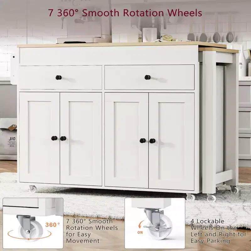 JVNOXK 74 inch Mobile Kitchen Island with Wheels and Extendable Dining Table, Includes Spice Rack and 2 Drawers, Suitable for Kitchen, White