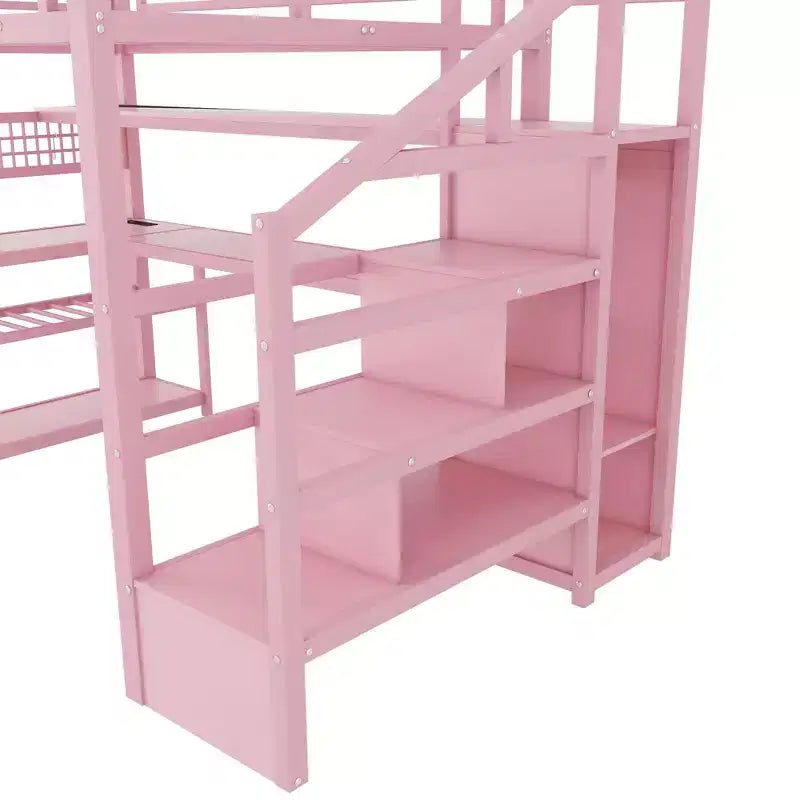 TUYOHW Full Size Loft Bed with Storage Staircase & Wardrobe,Metal Loft Bed with Desk,Storage Shelves,Charge Station,LED Lights for Teens & Adults