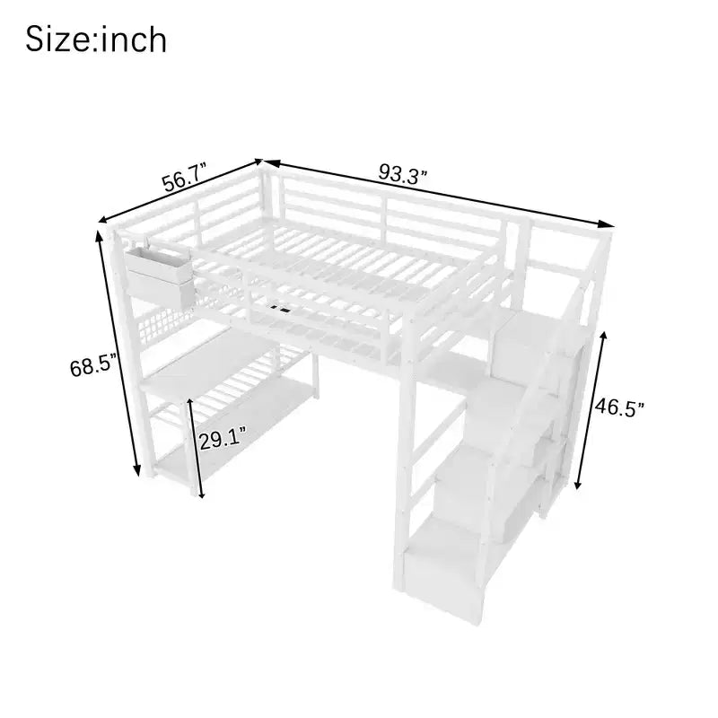 TUYOHW Full Size Loft Bed with Storage Staircase & Wardrobe,Metal Loft Bed with Desk,Storage Shelves,Charge Station,LED Lights for Teens & Adults
