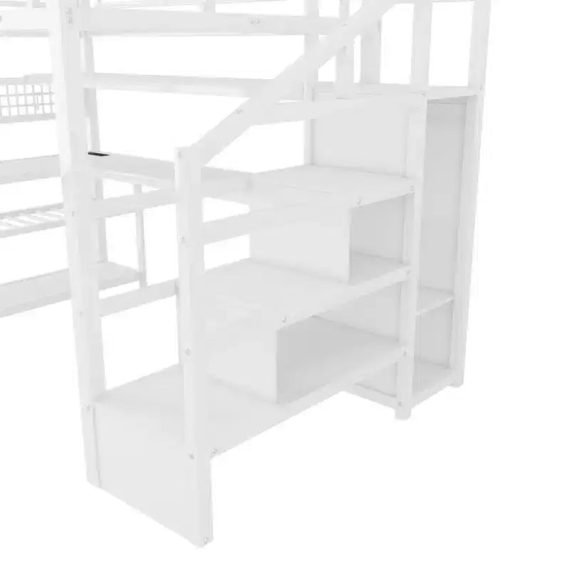 TUYOHW Full Size Loft Bed with Storage Staircase & Wardrobe,Metal Loft Bed with Desk,Storage Shelves,Charge Station,LED Lights for Teens & Adults