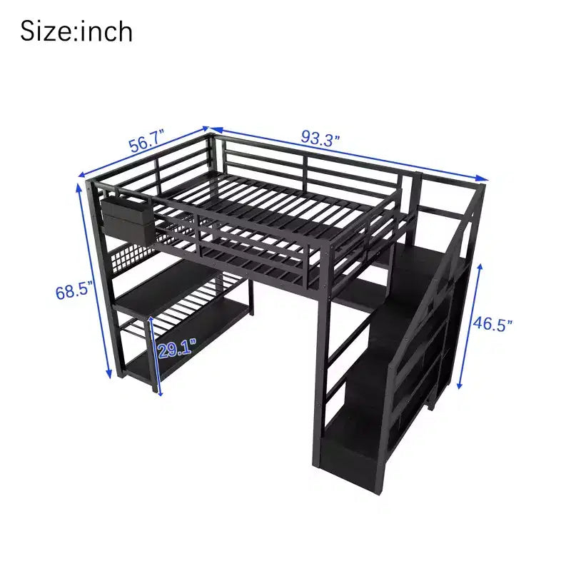 TUYOHW Full Size Loft Bed with Storage Staircase & Wardrobe,Metal Loft Bed with Desk,Storage Shelves,Charge Station,LED Lights for Teens & Adults
