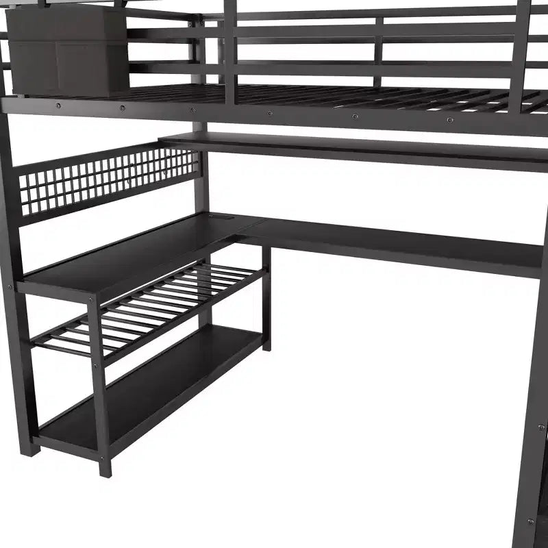 TUYOHW Full Size Loft Bed with Storage Staircase & Wardrobe,Metal Loft Bed with Desk,Storage Shelves,Charge Station,LED Lights for Teens & Adults