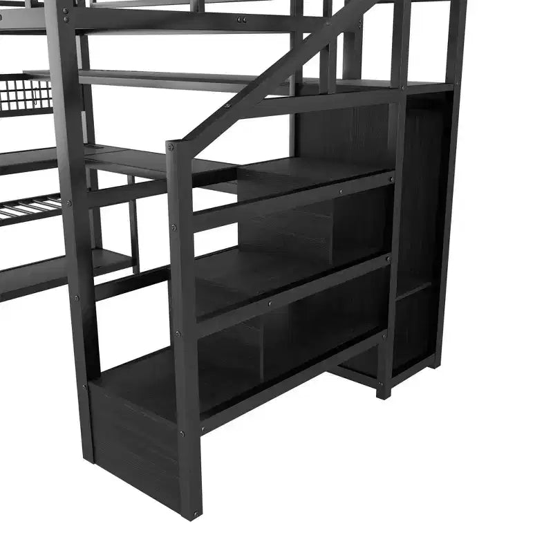 TUYOHW Full Size Loft Bed with Storage Staircase & Wardrobe,Metal Loft Bed with Desk,Storage Shelves,Charge Station,LED Lights for Teens & Adults