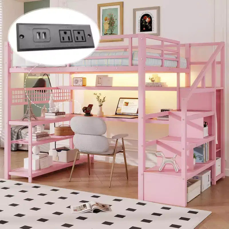 TUYOHW Full Size Loft Bed with Storage Staircase & Wardrobe,Metal Loft Bed with Desk,Storage Shelves,Charge Station,LED Lights for Teens & Adults