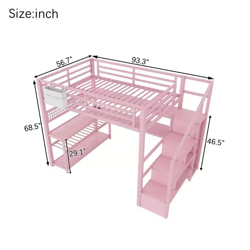 TUYOHW Full Size Loft Bed with Storage Staircase & Wardrobe,Metal Loft Bed with Desk,Storage Shelves,Charge Station,LED Lights for Teens & Adults