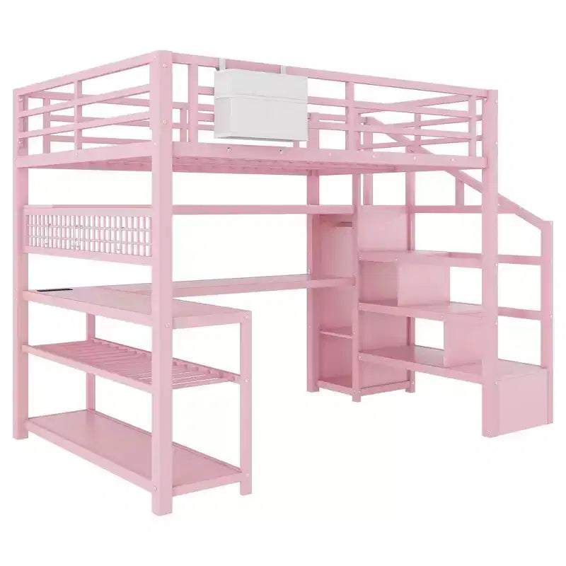 TUYOHW Full Size Loft Bed with Storage Staircase & Wardrobe,Metal Loft Bed with Desk,Storage Shelves,Charge Station,LED Lights for Teens & Adults