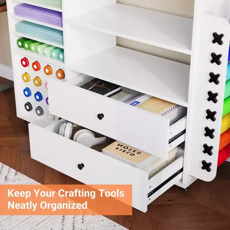 42 Mobile Craft Storage Cabinet with Work Table  2 Large Drawers & 24 Vinyl Roll Holders, Organizer Cart for Studio & Craft Room