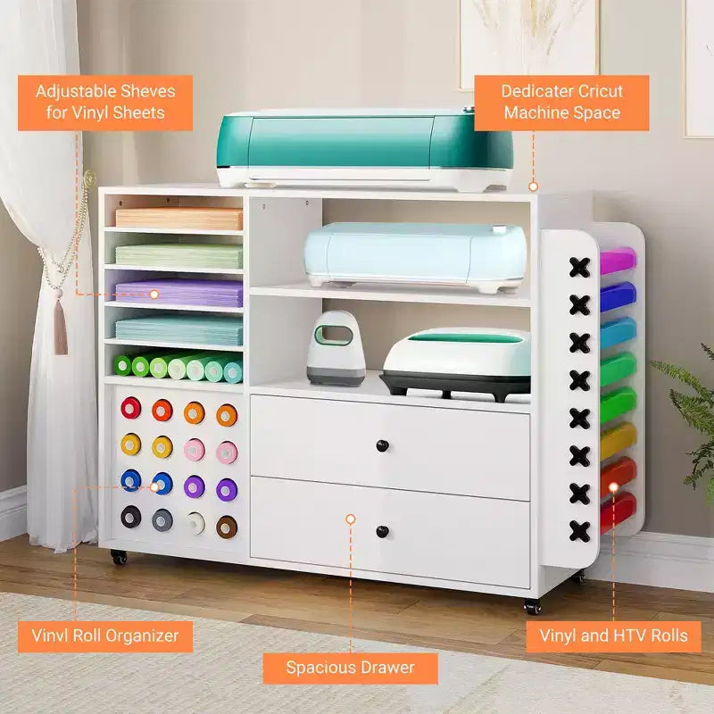 42 Mobile Craft Storage Cabinet with Work Table  2 Large Drawers & 24 Vinyl Roll Holders, Organizer Cart for Studio & Craft Room