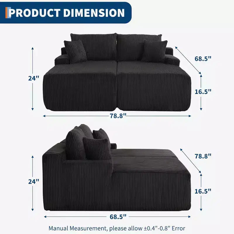 78 Inch Cloud-Like Chaise Loveseat  Oversized Corduroy Upholstered Sleeper Chair for Living Room, No Assembly