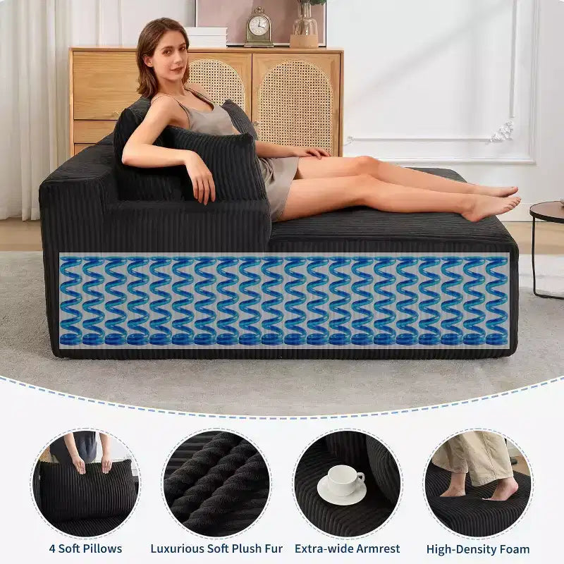 78 Inch Cloud-Like Chaise Loveseat  Oversized Corduroy Upholstered Sleeper Chair for Living Room, No Assembly
