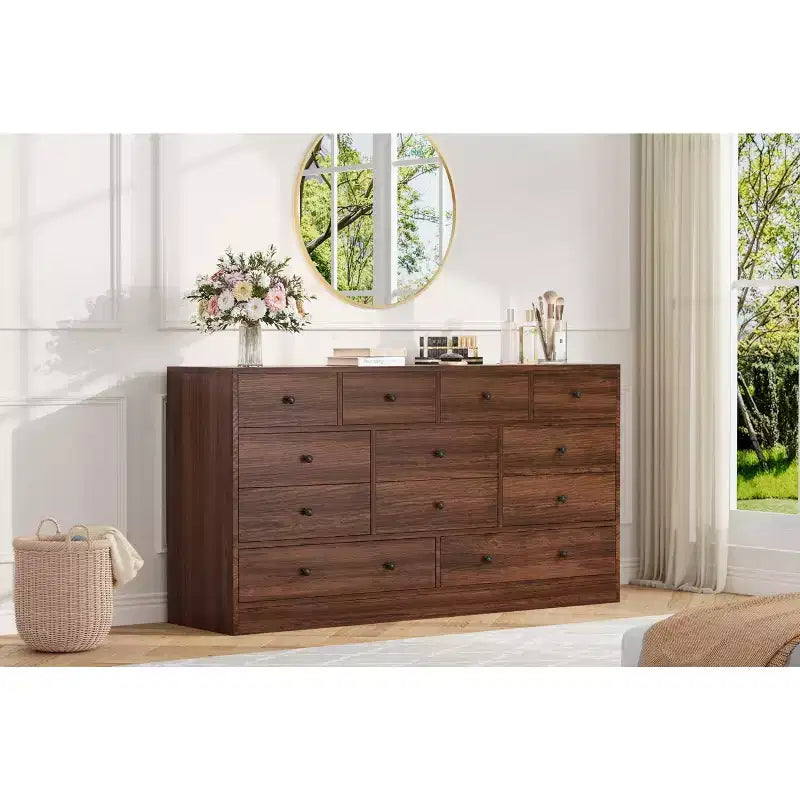 12 Drawer Dresser for Bedroom, 61'' Modern Dresser TV Stand with Charging Station, Large Wooden Chest Od Drawers for Nursery, Closet, Living Room