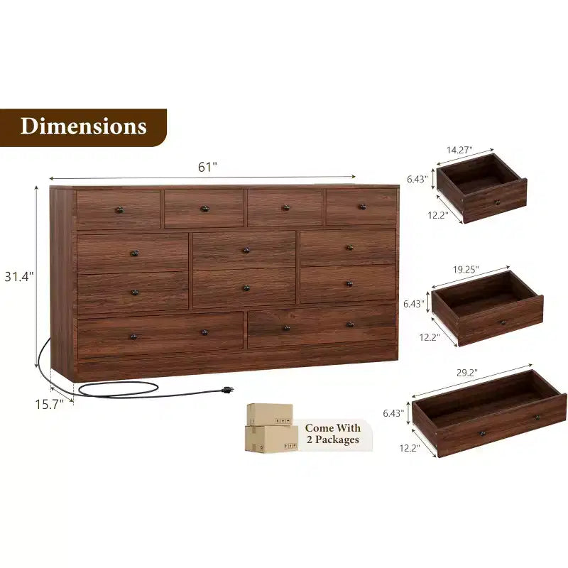 12 Drawer Dresser for Bedroom, 61'' Modern Dresser TV Stand with Charging Station, Large Wooden Chest Od Drawers for Nursery, Closet, Living Room