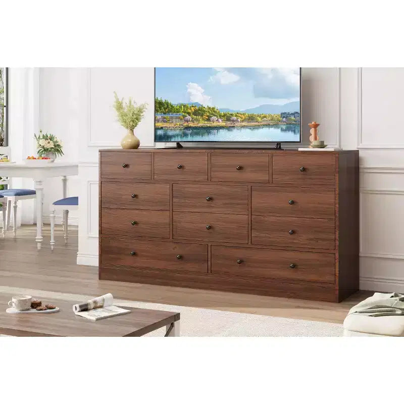 12 Drawer Dresser for Bedroom, 61'' Modern Dresser TV Stand with Charging Station, Large Wooden Chest Od Drawers for Nursery, Closet, Living Room
