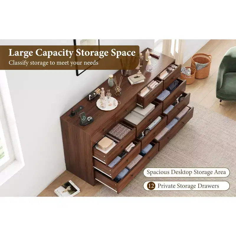12 Drawer Dresser for Bedroom, 61'' Modern Dresser TV Stand with Charging Station, Large Wooden Chest Od Drawers for Nursery, Closet, Living Room