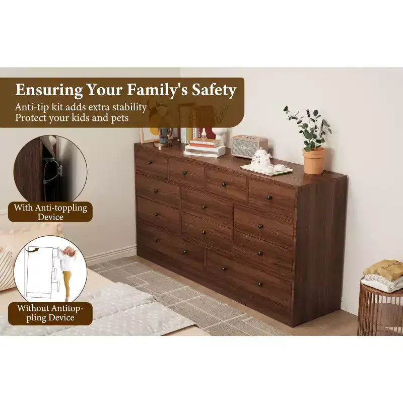 12 Drawer Dresser for Bedroom, 61'' Modern Dresser TV Stand with Charging Station, Large Wooden Chest Od Drawers for Nursery, Closet, Living Room