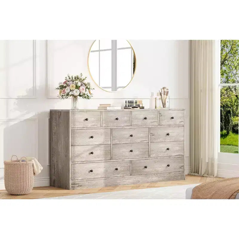 12 Drawer Dresser for Bedroom, 61'' Modern Dresser TV Stand with Charging Station, Large Wooden Chest Od Drawers for Nursery, Closet, Living Room