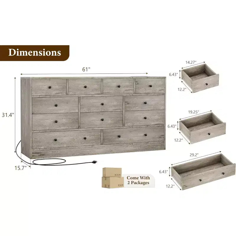 12 Drawer Dresser for Bedroom, 61'' Modern Dresser TV Stand with Charging Station, Large Wooden Chest Od Drawers for Nursery, Closet, Living Room