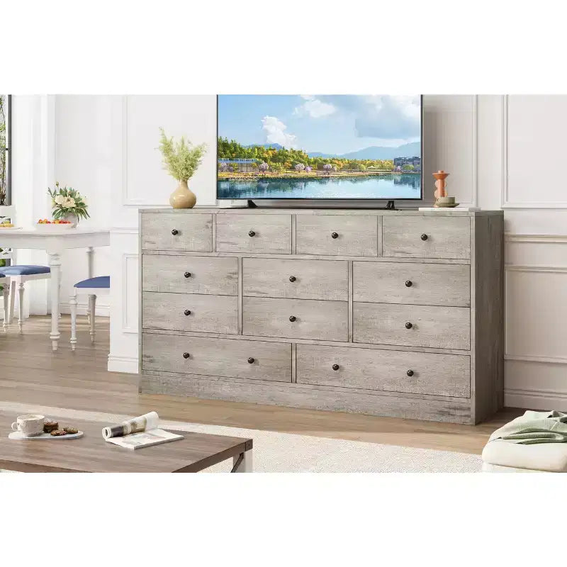 12 Drawer Dresser for Bedroom, 61'' Modern Dresser TV Stand with Charging Station, Large Wooden Chest Od Drawers for Nursery, Closet, Living Room