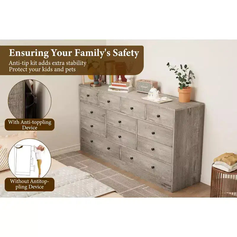 12 Drawer Dresser for Bedroom, 61'' Modern Dresser TV Stand with Charging Station, Large Wooden Chest Od Drawers for Nursery, Closet, Living Room