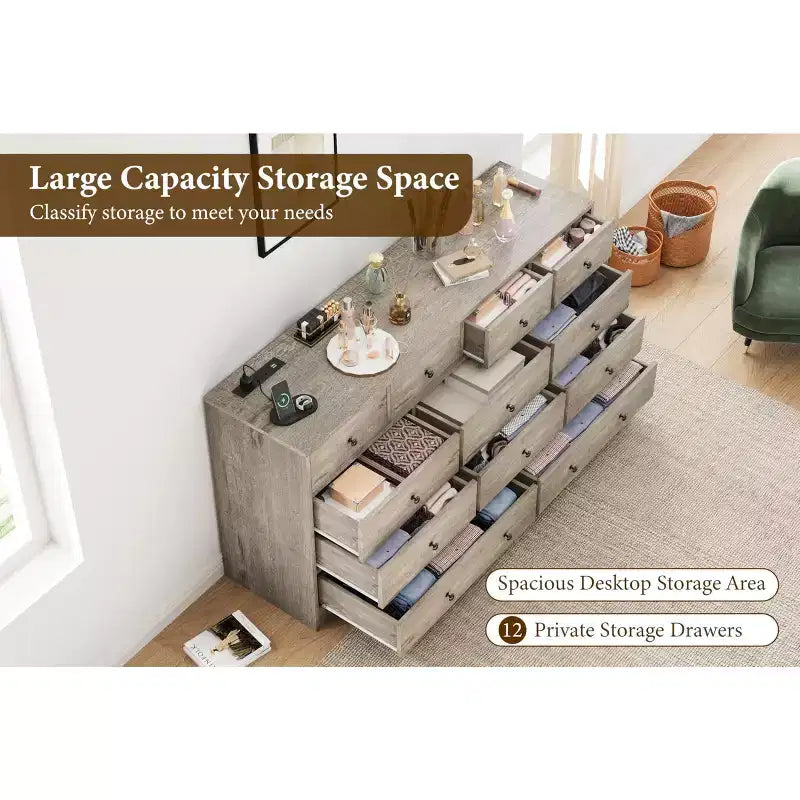 12 Drawer Dresser for Bedroom, 61'' Modern Dresser TV Stand with Charging Station, Large Wooden Chest Od Drawers for Nursery, Closet, Living Room