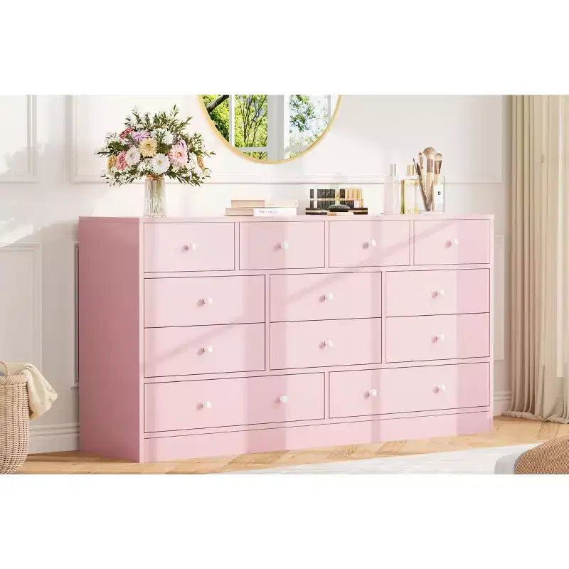 12 Drawer Dresser for Bedroom, 61'' Modern Dresser TV Stand with Charging Station, Large Wooden Chest Od Drawers for Nursery, Closet, Living Room