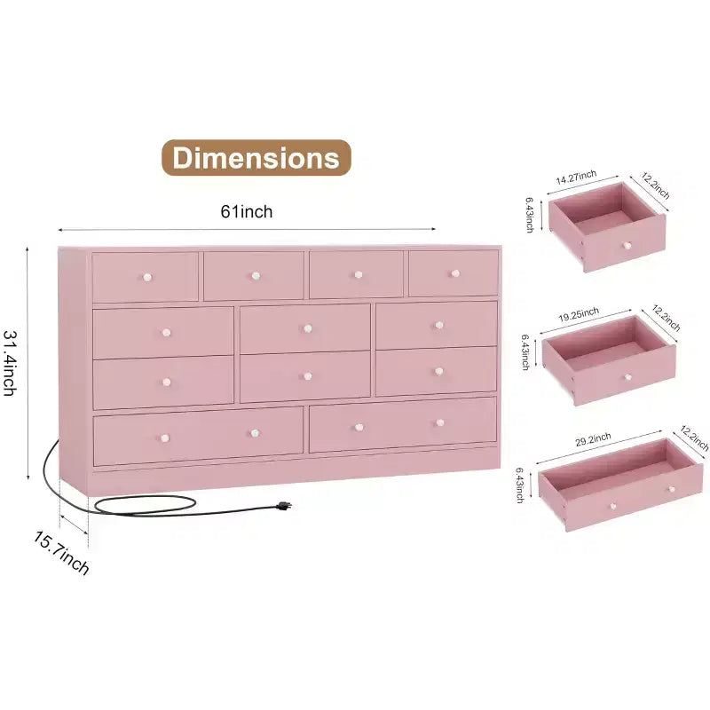 12 Drawer Dresser for Bedroom, 61'' Modern Dresser TV Stand with Charging Station, Large Wooden Chest Od Drawers for Nursery, Closet, Living Room