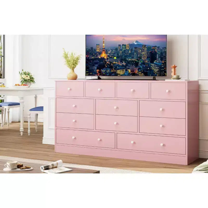 12 Drawer Dresser for Bedroom, 61'' Modern Dresser TV Stand with Charging Station, Large Wooden Chest Od Drawers for Nursery, Closet, Living Room