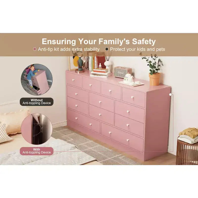 12 Drawer Dresser for Bedroom, 61'' Modern Dresser TV Stand with Charging Station, Large Wooden Chest Od Drawers for Nursery, Closet, Living Room