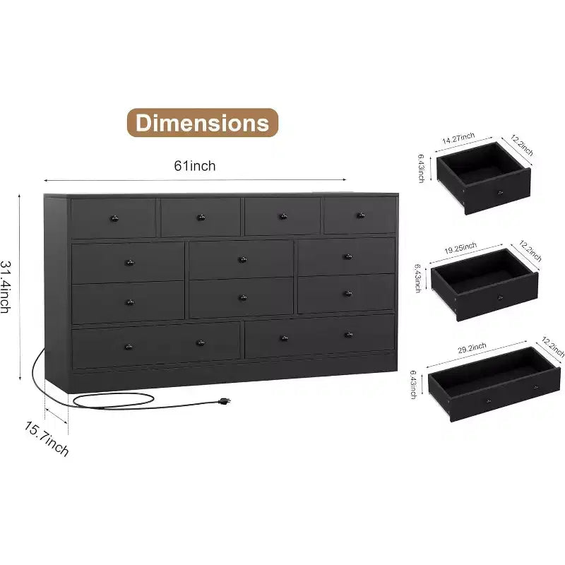 12 Drawer Dresser for Bedroom, 61'' Modern Dresser TV Stand with Charging Station, Large Wooden Chest Od Drawers for Nursery, Closet, Living Room