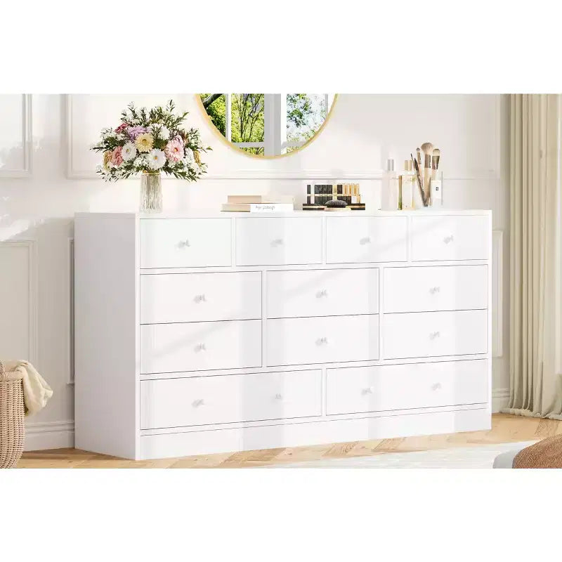 12 Drawer Dresser for Bedroom, 61'' Modern Dresser TV Stand with Charging Station, Large Wooden Chest Od Drawers for Nursery, Closet, Living Room