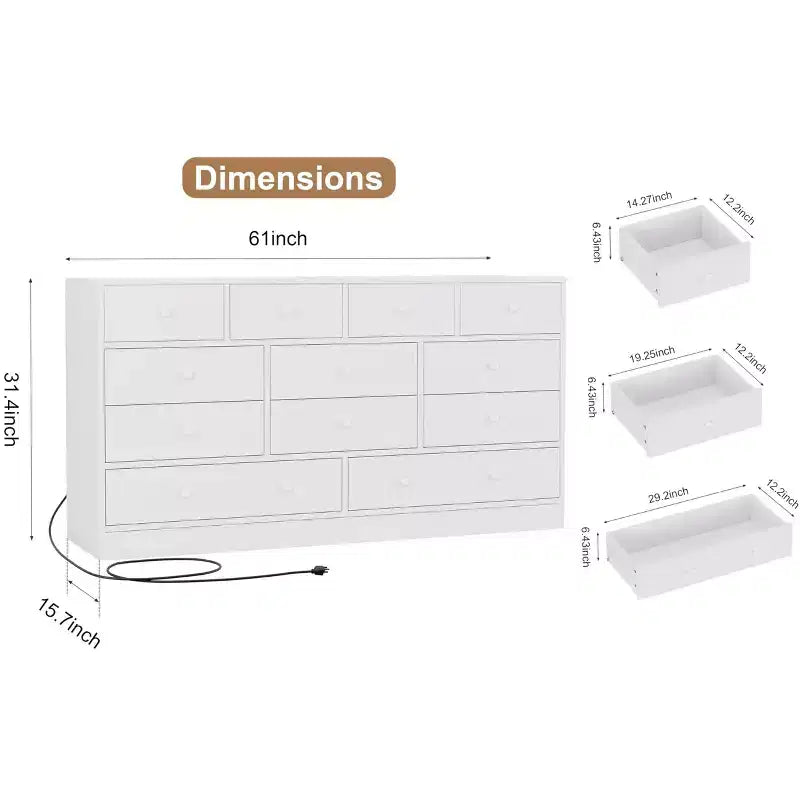 12 Drawer Dresser for Bedroom, 61'' Modern Dresser TV Stand with Charging Station, Large Wooden Chest Od Drawers for Nursery, Closet, Living Room