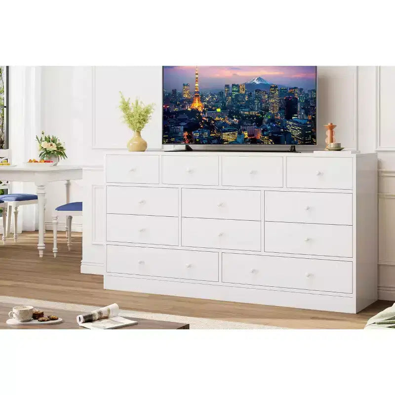 12 Drawer Dresser for Bedroom, 61'' Modern Dresser TV Stand with Charging Station, Large Wooden Chest Od Drawers for Nursery, Closet, Living Room